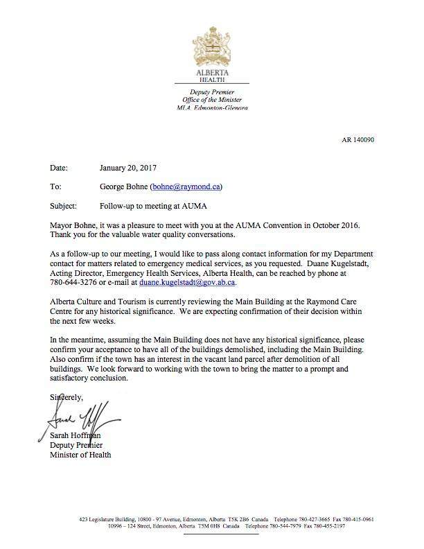 A letter sent from the Ministry of Health to the Town of Raymond concerning the Raymond Care Centre.