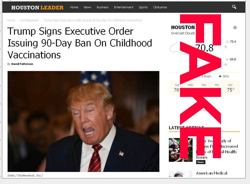 U.S. president Donald Trump hasn't banned vaccinations. But this fake news story plays to what readers already know about his ties to vaccination opponents. 