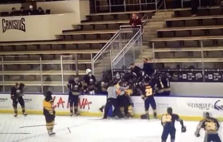 A video posted on YouTube shows a hockey brawl between the Buffalo Junior Sabres and the Ontario-based Hamilton Junior Bulldogs.