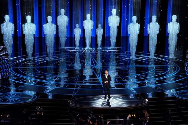 Host Jimmy Kimmel speaks at the Oscars on Sunday, Feb. 26, 2017, at the Dolby Theatre in Los Angeles. 