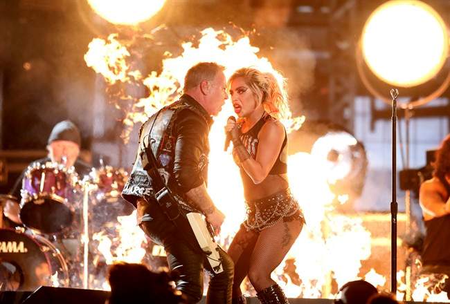 Lady Gaga, right, and James Hetfield of “Metallica” perform “Moth Into Flame” at the 59th annual Grammy Awards on Sunday, Feb. 12, 2017, in Los Angeles.