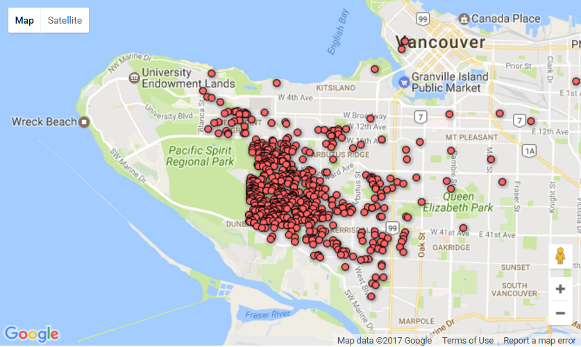 This map shows 410 Vancouver properties where homes were mapped according to whether or not they were to be demolished.