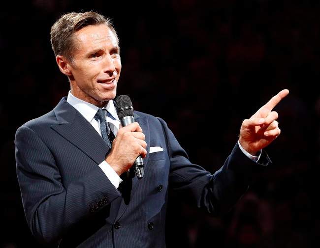Two-time NBA most valuable player Steve Nash is introduced into the Suns Ring of Fire at halftime of an NBA basketball game between the Phoenix Suns and the Portland Trail Blazers, Friday, Oct. 30, 2015, in Phoenix. A chain of fitness clubs accused of using Steve Nash's name without permission is going on the offensive and suing the former basketball superstar's company for allegedly damaging its reputation. T.