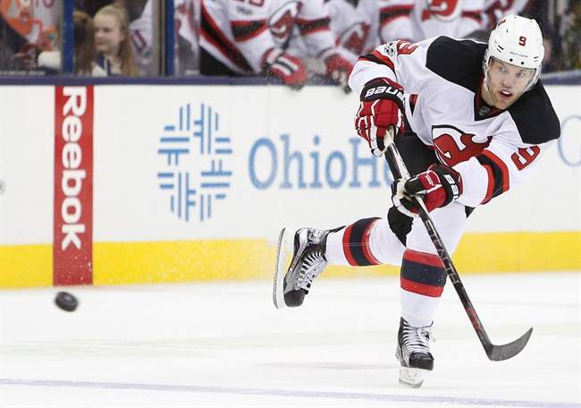 New Jersey Devils' Taylor Hall scores an open net goal against the Columbus Blue Jackets during the third period of an NHL hockey game Saturday, Feb. 4, 2017, in Columbus, Ohio. Overwhelmed at first, Hall is now loving the fast-paced life with the Devils. 