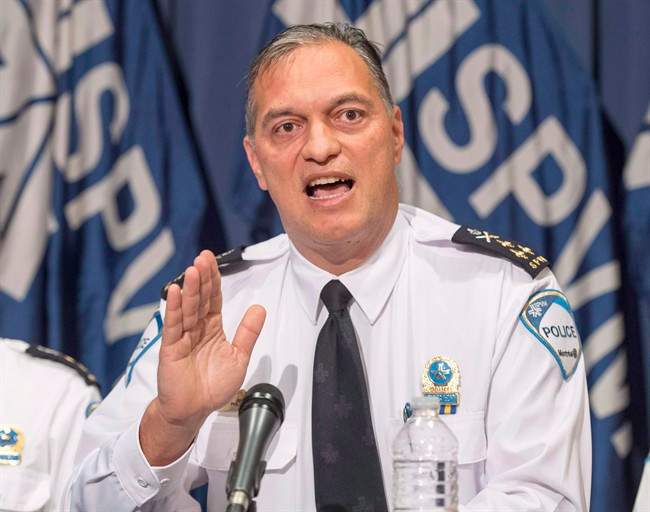 Montreal Chief of Police Philippe Pichet speaks to the media at a news conference, on Monday, Oct. 31, 2016, in Montreal. He was suspended in December 2017 with pay.