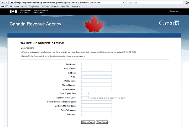 A screenshot of the webpage mimicking the CRA’s website.