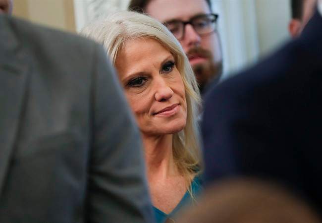 Kellyanne Conway, senior adviser to President Trump, watches the swearing in ceremony of Attorney General Jeff Sessions in the Oval Office of the White House in Washington, Thursday, Feb. 9, 2017.