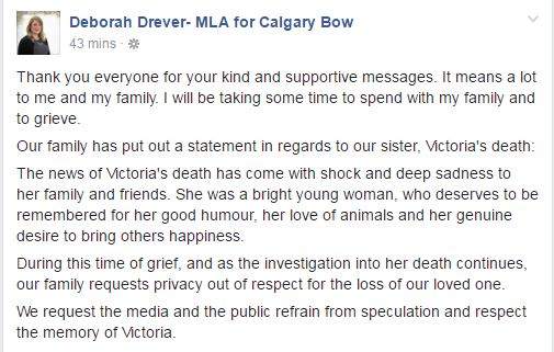 MLA Deborah Drever thanks public for support after sister’s body found east of Calgary - image