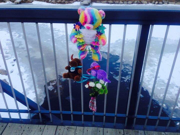 A makeshift memorial in Airdrie, Alta. on Feb. 20, 2017. Earlier in the day, a six-year-old boy died and his older brother was sent to hospital after the two fell through the ice.