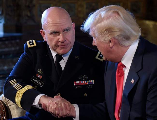 President Donald Trump, right, shakes hands with Army Lt. Gen. H.R. McMaster, left, at Trump’s Mar-a-Lago estate in Palm Beach, Fla., Monday, Feb. 20, 2017, where he announced that McMaster will be the new national security adviser.