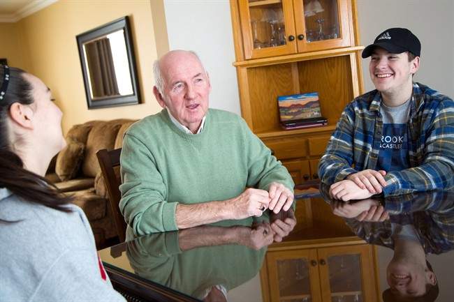 Cape Breton Regional Municipality District 9 councillor George MacDonald sits for a photo with his grandchildren, grade 12 high school student Anthony Bradbury, right, and Shayne Breen, left, at MacDonald's home in Glace Bay, N.S., Monday, February 6, 2017.
