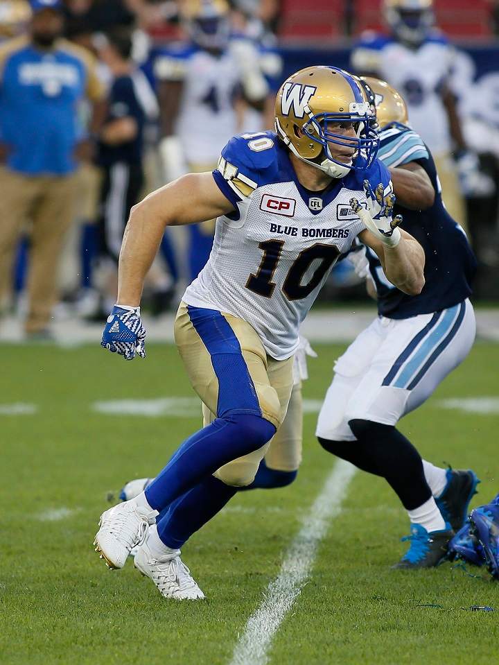 Sam Hurl of the Winnipeg Blue Bombers heads downfield on special teams during a CFL game against the Toronto Argonauts at BMO field on Aug. 12, 2016 in Toronto.