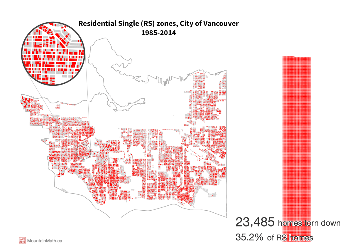 This map shows how many homes were torn down in residential single zones in the City of Vancouver from 1985 to 2014.