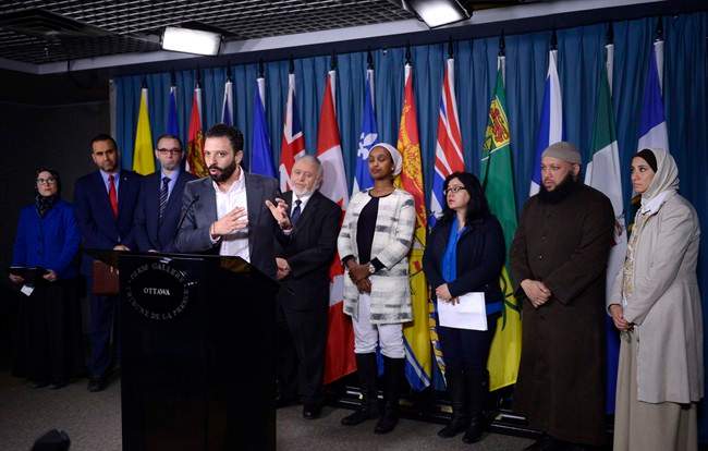 Haroon Bouazzi of AMAL-Quebec, a Quebec human rights group, speaks as leaders of national and Quebec organizations joined the National Council of Canadian Muslims to call on governments to counter Islamophobia, racism and discrimination, on Parliament Hill on Wednesday, Feb. 8, 2017 in Ottawa.