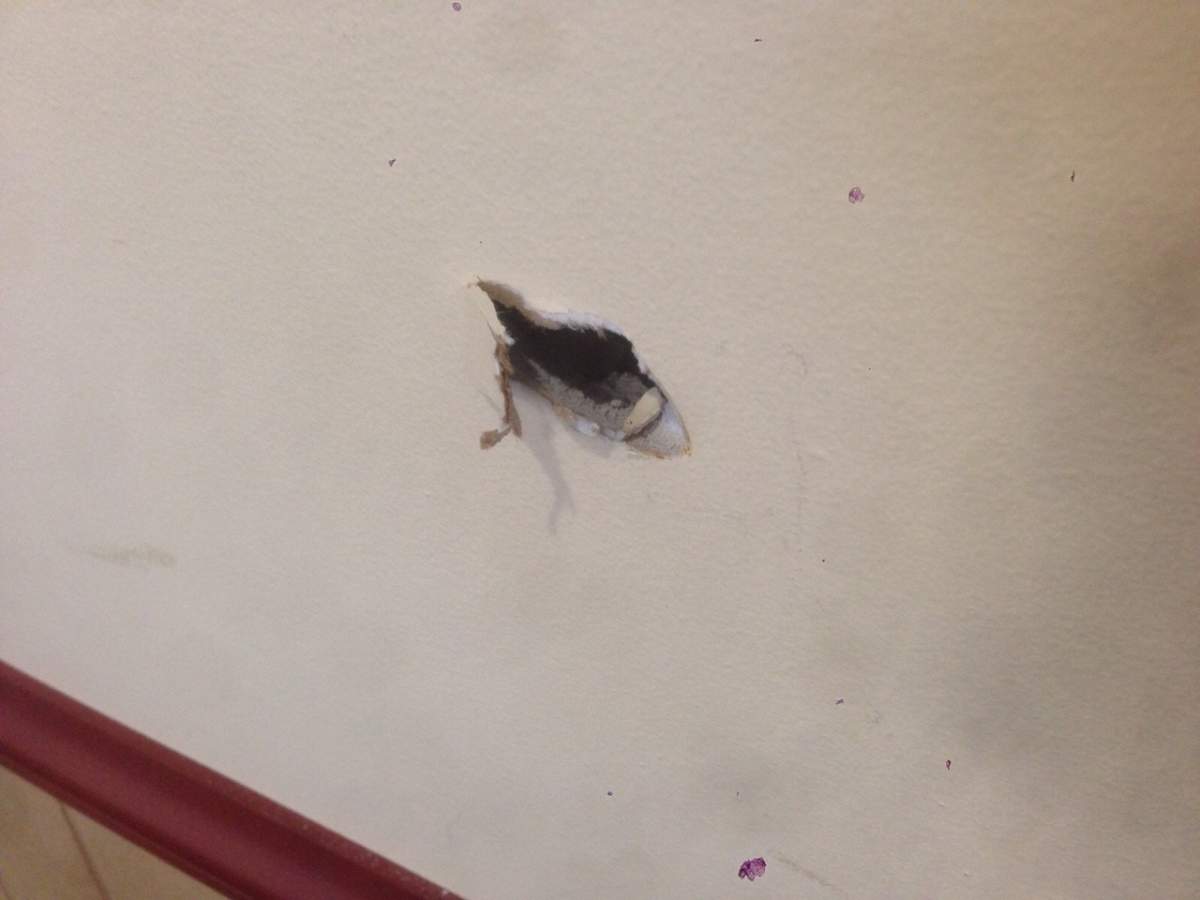 A bullet hole from inside the Quebec City mosque that was attacked on Sunday, Jan. 29, 2017.
