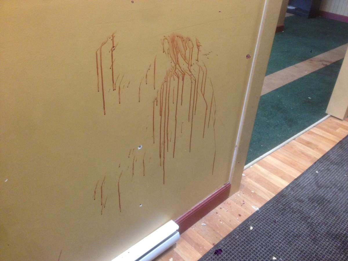 Blood stains on the walls inside the Quebec City mosque that was attacked on Sunday, Jan. 29, 2017.