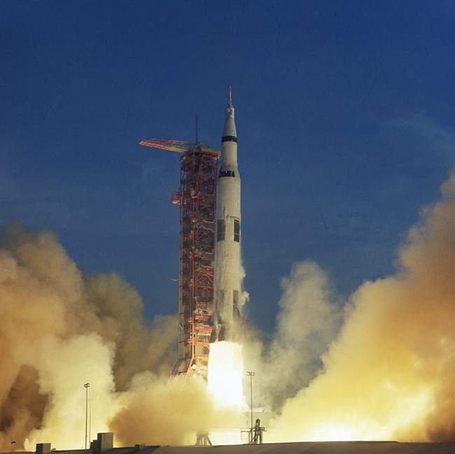 The spacecraft is carrying astronauts Frank Borman, commander, James A. Lovell Jr., and William A. Anders to a seven-day mission scheduled to include 10 orbits of the moon.