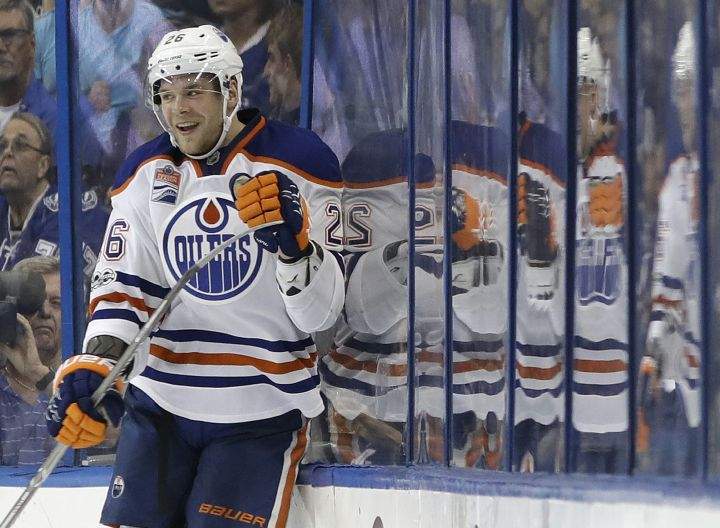 Edmonton Oilers right wing Iiro Pakarinen, of Finland, celebrates after scoring against the Tampa Bay Lightning during the second period of an NHL hockey game Tuesday, Feb. 21, 2017, in Tampa, Fla. 