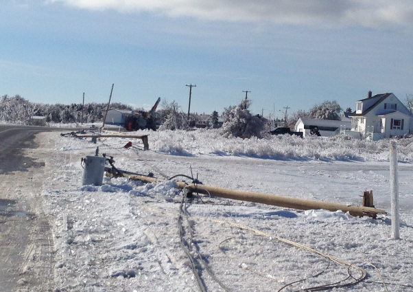 A fallen power pole sits on snow covered ground in Pigeon Hill, N.B. on Wednesday, Feb. 1, 2017. (Credit: Paul Cormier/Global News)