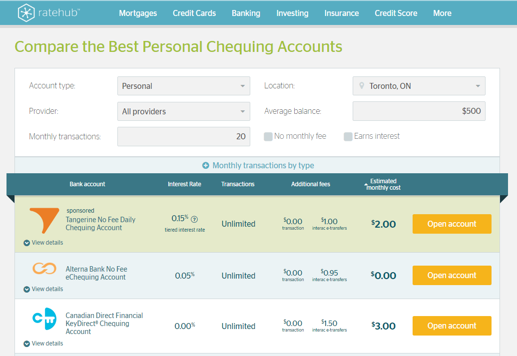 Rates-comparisons website Ratehub launched a new feature on Tuesday, Feb. 28, 2017 that allows users to compare Canadian chequing accounts ranked by monthly fees.