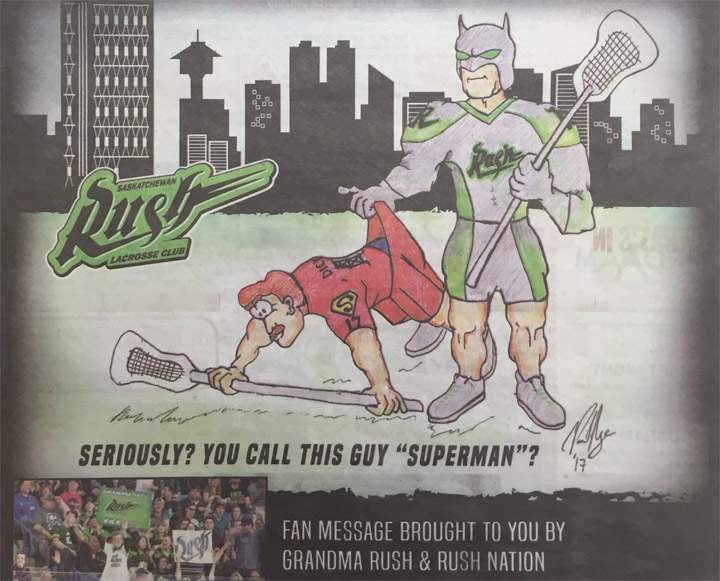 Grandma Rush pokes fun at Calgary Roughnecks leading scorer Curtis Dickson in a Calgary Sun ad.
