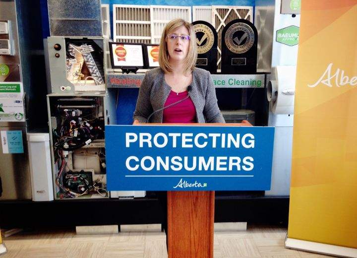 Services Minister Stephanie McLean speaks at an Edmonton HVAC operation on Feb. 21, 2017.