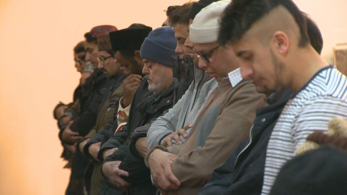 Members of the Al Nusrat Mosque in Montreal gather in prayer, Feb. 3, 2017.