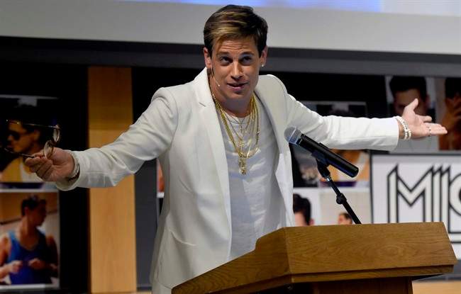 Right-wing commentator Milo Yiannopoulos, shown here speaking at the University of Colorado, was forced to self-publish his book after being dropped by publisher Simon & Schuster.