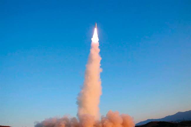 In this Sunday, Feb. 12, 2017, photo distributed on Monday, Feb. 13, 2017, by the North Korean government, “Pukguksong-2â€ is launched at an undisclosed location in North Korea.