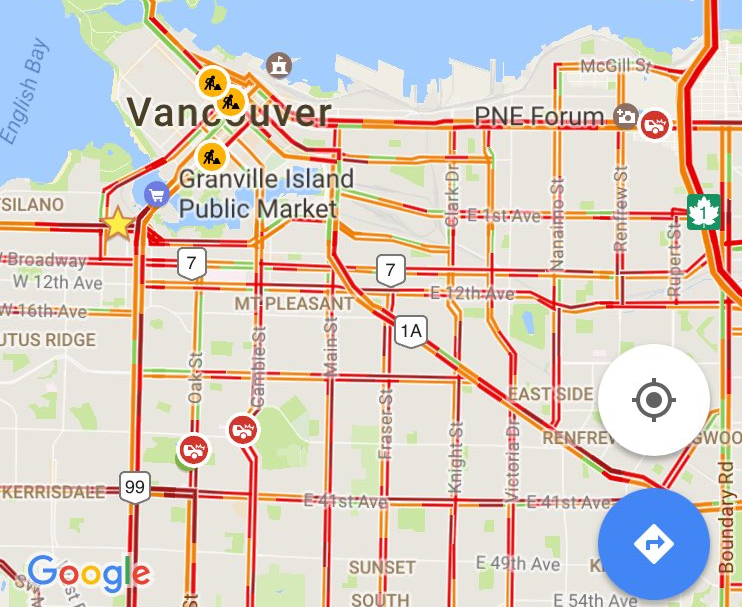 A scene from Vancouver’s traffic congestion on a Friday morning in February 2017. The streets lined in red indicate heavy traffic.
