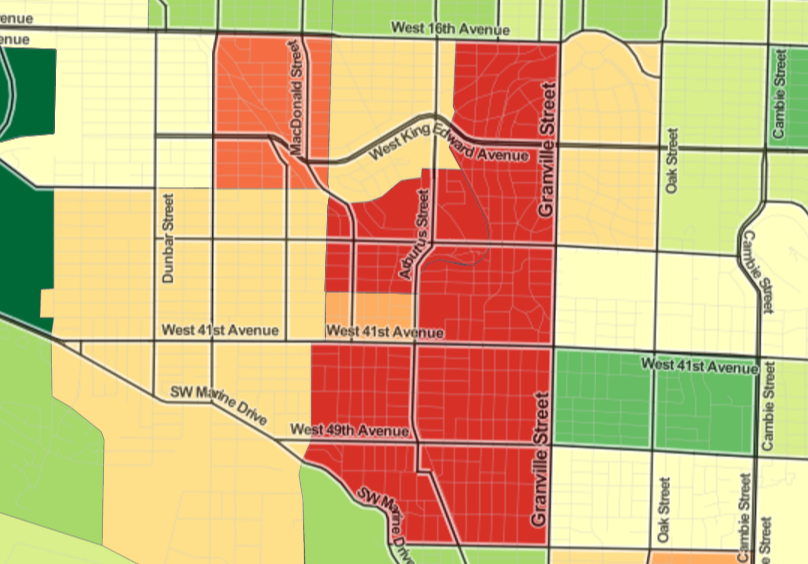 This map shows parts of Vancouver that have seen comparatively heavy population drops, according to the 2016 Census.