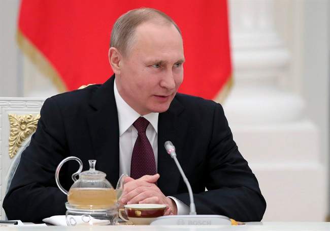 Russian President Vladimir Putin at a meeting with Russian seamen in Moscow, Russia, Thursday, Feb. 23, 2017. 