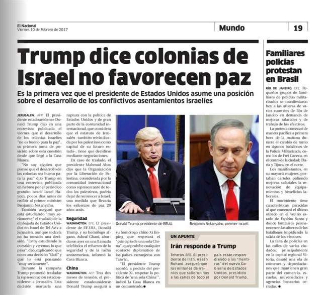 This screen grab of the Friday, Feb. 10, 2017 digitized version of Dominican Republic's El Nacional print edition shows comedian Alec Baldwin doing his impression of President Donald Trump on "Saturday Night Live," next to a photo of Israel's Prime Minister Benjamin Netanyahu on the paper's international page with the Spanish headline: "Trump says settlements in Israel don't favor peace." The Spanish caption under Baldwin's photo reads: "Donald Trump, president of U.S." .