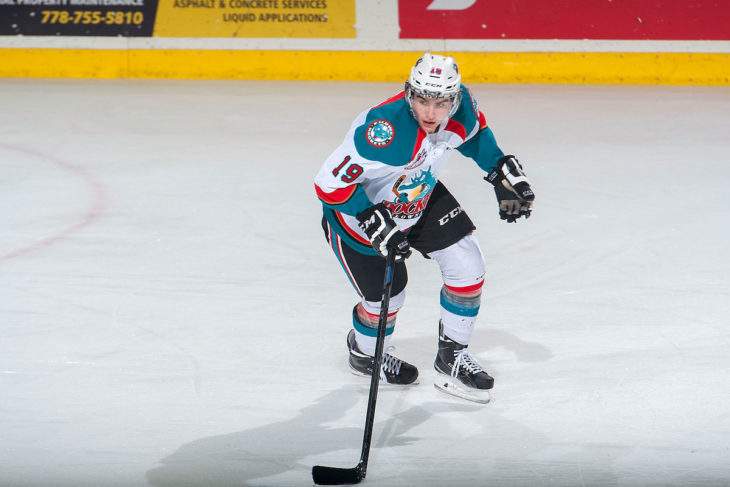 KELOWNA, CANADA - FEBRUARY 18: Dillon Dube #19 of Kelowna Rockets skates against the Kamloops Blazers on February 18, 2015 at Prospera Place in Kelowna, British Columbia, Canada.  (Photo by Marissa Baecker/Shoot the Breeze)  *** Local Caption *** Dillon Dube;.