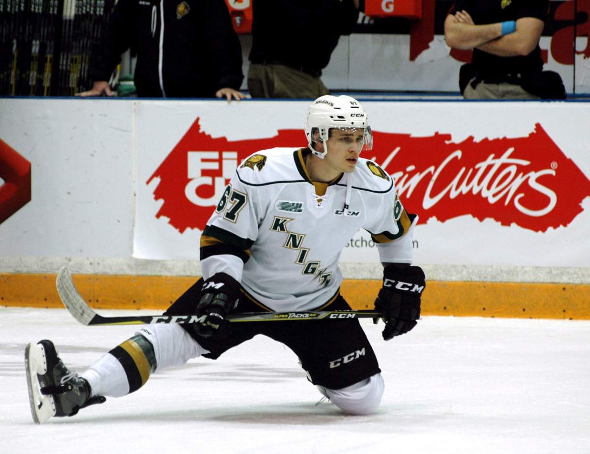 London Knights' Mitchell Stephens warms up before an OHL game in London, Ont. Stephens was one of three players acquired by London at the OHL trade deadline. The Knights hope the injection of new talent will help them win a second straight Memorial Cup title. THE CANADIAN PRESS/Dhiren Mahiban.