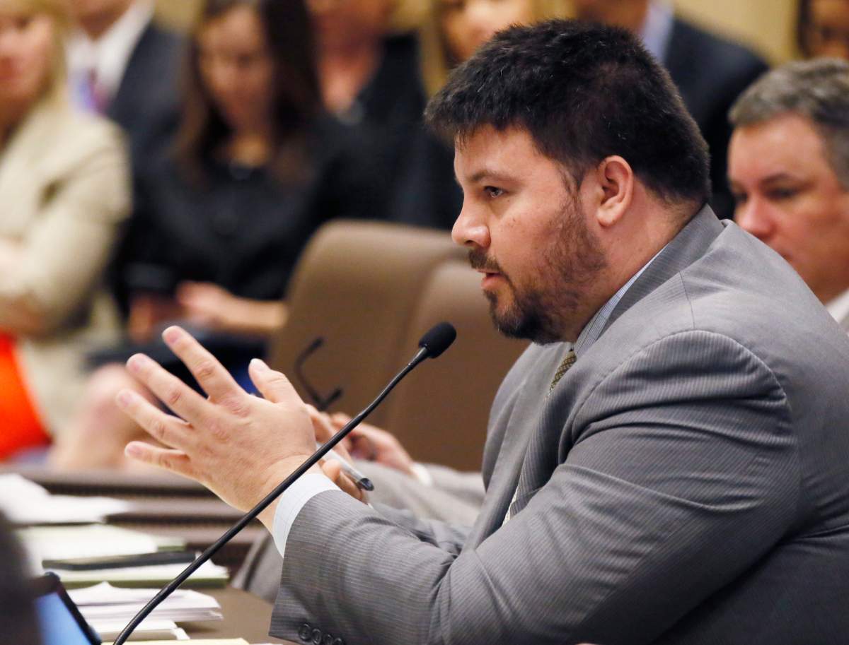 In this Feb. 22, 2017 file photo, Oklahoma state Sen. Ralph Shortey, R-Oklahoma City, speaks during a Senate committee meeting in Oklahoma City.