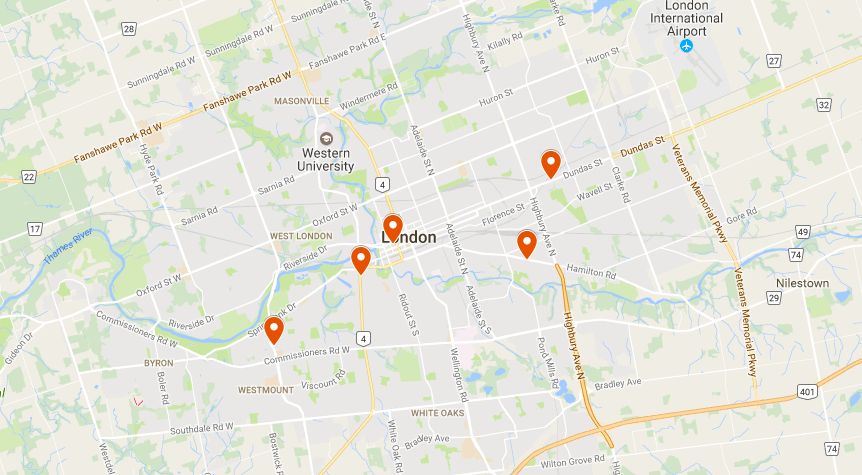 Locations of the five illegal dispensaries targeted in the raids on March 2, 2017