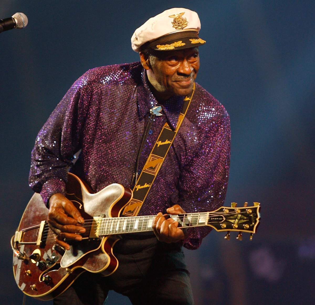 Legendary U.S. rock ‘n’ roll singer and guitarist Chuck Berry performs in Burgos, Spain in 2007.