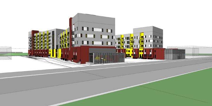 An architectural sketch of the Londonderry affordable housing redevelopment in Edmonton.