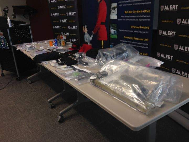 Items seized from an ALERT bust in Red Deer, presented to reporters March 14, 2017.