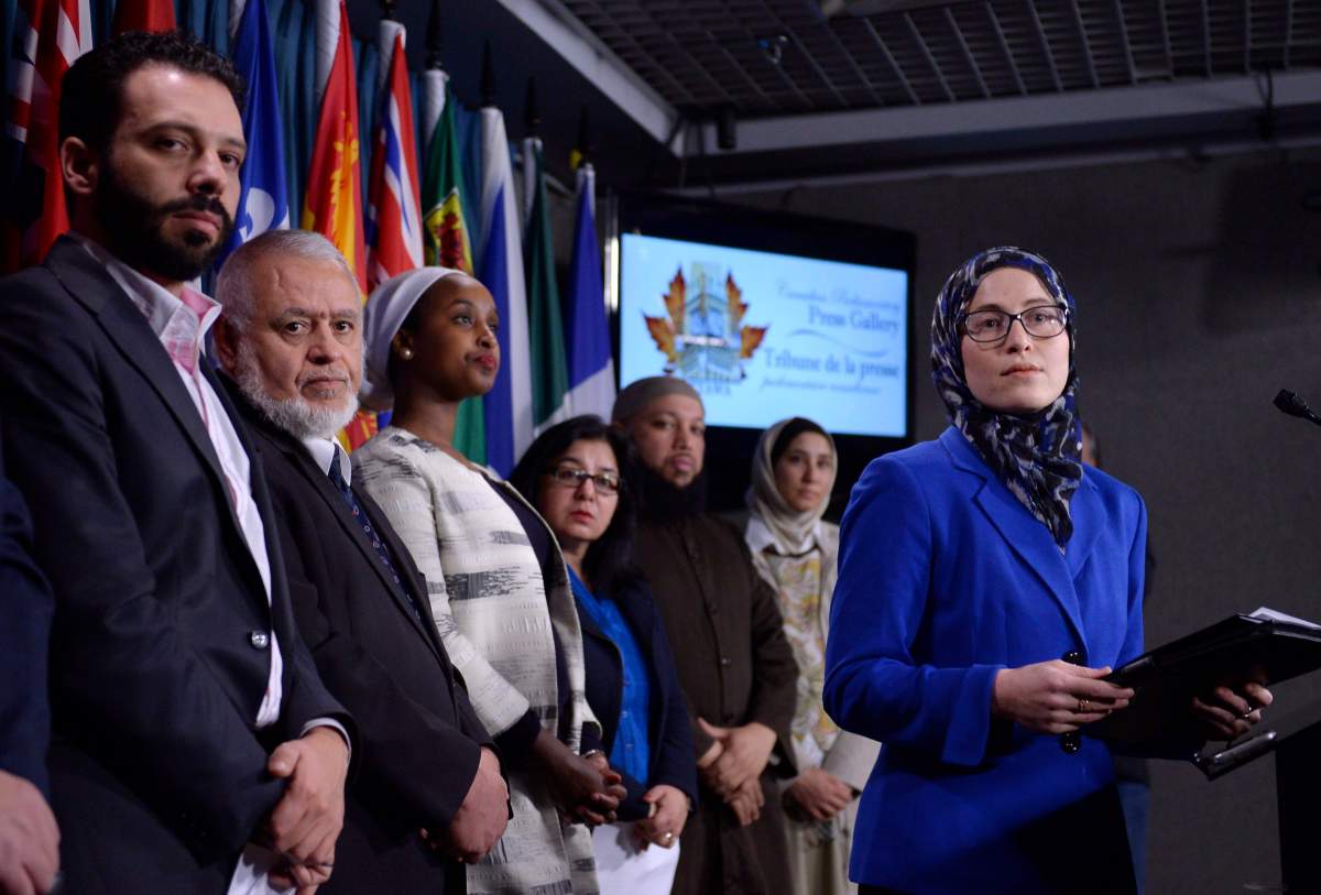 National Council of Canadian Muslims communications director Amira Elghawaby, right, on Parliament Hill on Wednesday, Feb. 8, 2017 in Ottawa. 