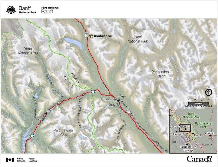 Parks Canada released a map of the area where two American snowshoers were caught in an avalanche.