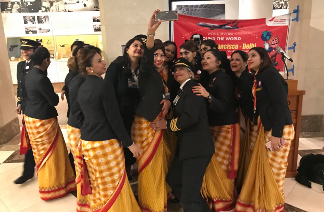 Air India staff take a selfie at San Francisco International Airport.
