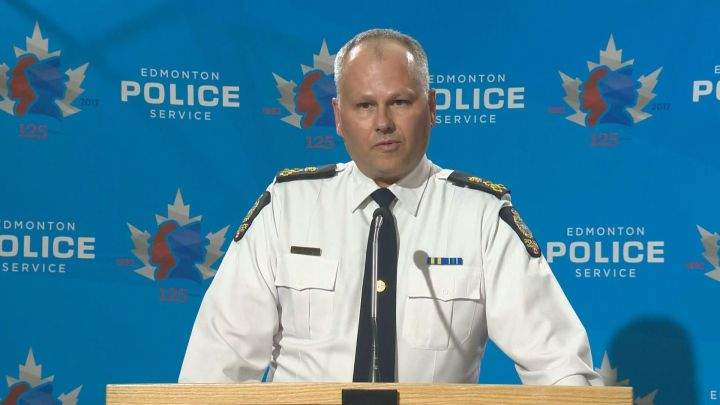 Edmonton Police Service Acting Chief Kevin Brezinski provides a statement to reporters on Thursday night after a man shot by an officer on the city\’s north side. Brezinski said the man was \”wanted\” and \”being investigated for potential threats against the Edmonton Police Service.\”