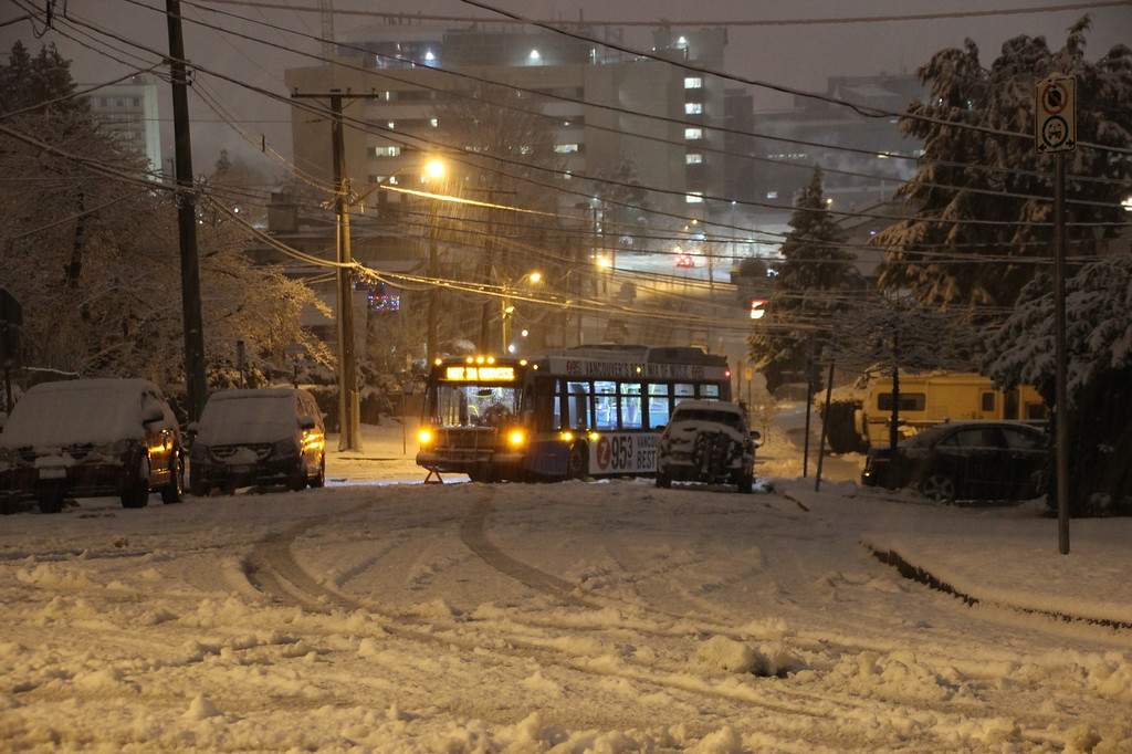A bus got stuck in New Westminster Sunday night. Credit: Shane MacKichan.