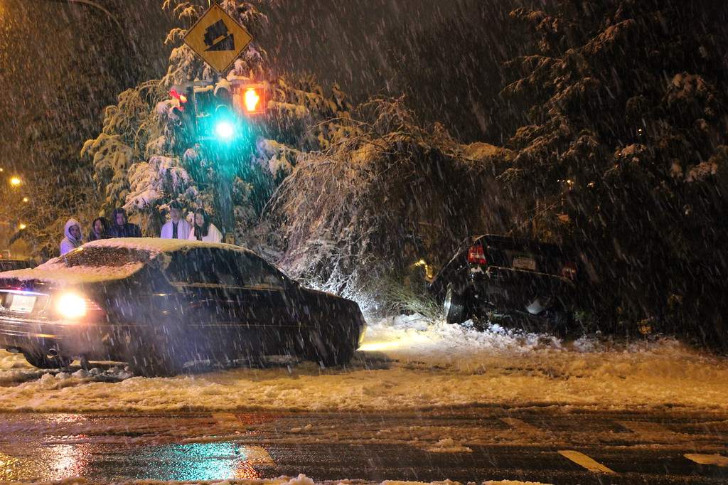 Car stuck in the ditch in New Westminster. Credit: Shane MacKichan.
