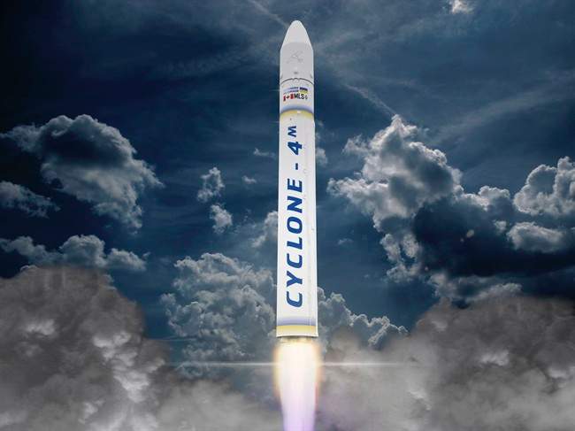 Maritime Launch Service Ltd., says it has committed to establishing a launch complex for satellite-carrying rockets in Nova Scotia. Once completed, the site would be used to launch the Ukrainian-built Cyclone 4M rocket, shown in this artist's rendering. T.