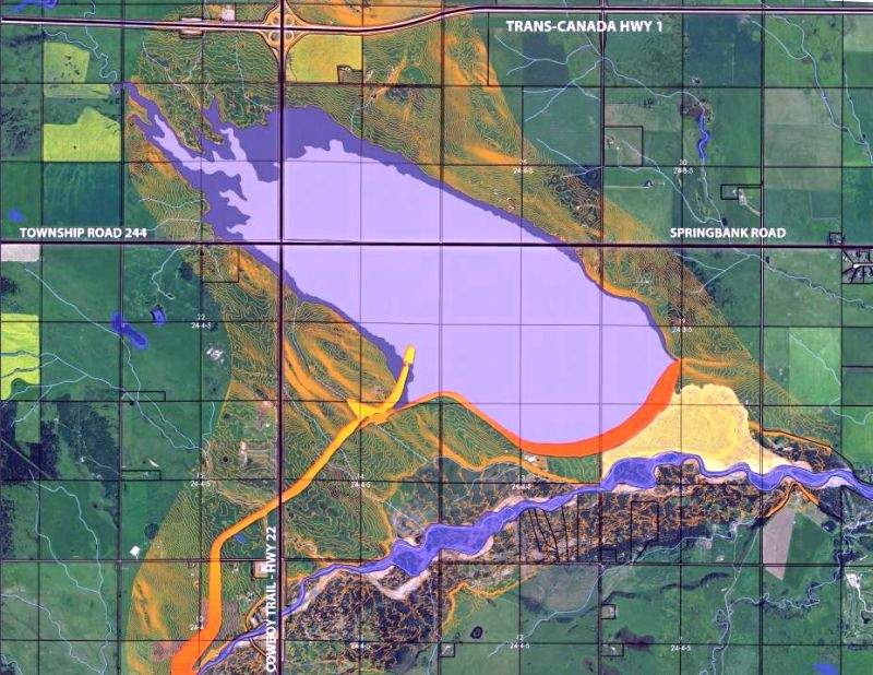The Springbank Off-stream Reservoir will be approximately 15 kilometres west of Calgary near Springbank Road, north of the Elbow River and predominantly east of Highway 22. 
