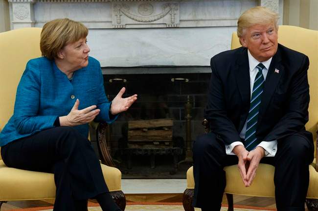 U.S. President Donald Trump meets with German Chancellor Angela Merkel in the Oval Office of the White House in Washington, Friday, March 17, 2017. 