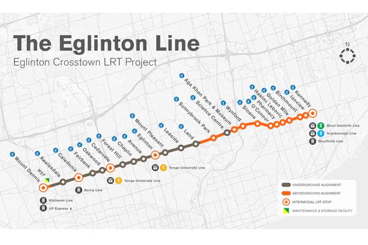 Map of the forthcoming Eglinton Crosstown LRT. The line is expected to begin service in 2021.